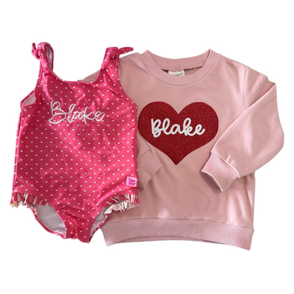 RuffleButts Swim & Max + Lily Top Personalized "Blake" Bundle, Pink, Girls 2T